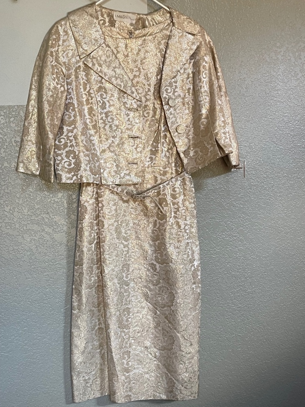 Vintage I Magnin White and Gold Dress and Blazer Set with Belt